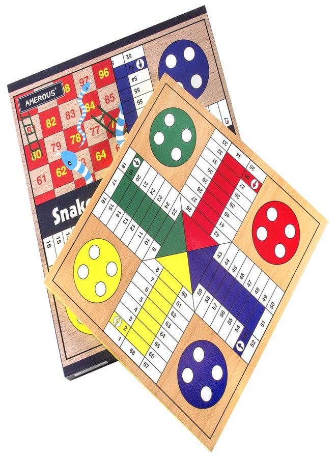 AMEROUS 12 inches Wooden Ludo Board Game - Snakes and Ladders, 2 in 1 Reversible, 1-4 Players Family Dice Games Set for Kids, Adults, Classics Tabletop Version (Gift Box Packed) - Image 3